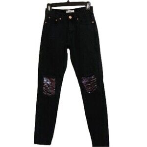 Glamorous High Waist Sequin Patch Distressed Skinny Jeans 4 Petite